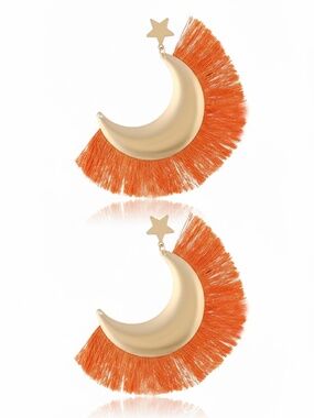Womens Crescent Orange Gold Fringe Earrings Lightweight